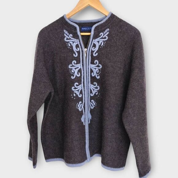 Vtg Karen Scott Wool Cardigan Sz XL Zip Front Grey Blue Embroidery Cottagecore 9 - Picture 1 of 11